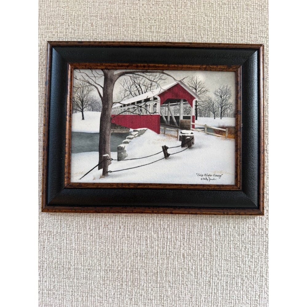 Billy Jacobs Crisp Winter Evening Framed Art Print 7"x9" Covered Bridge Rustic